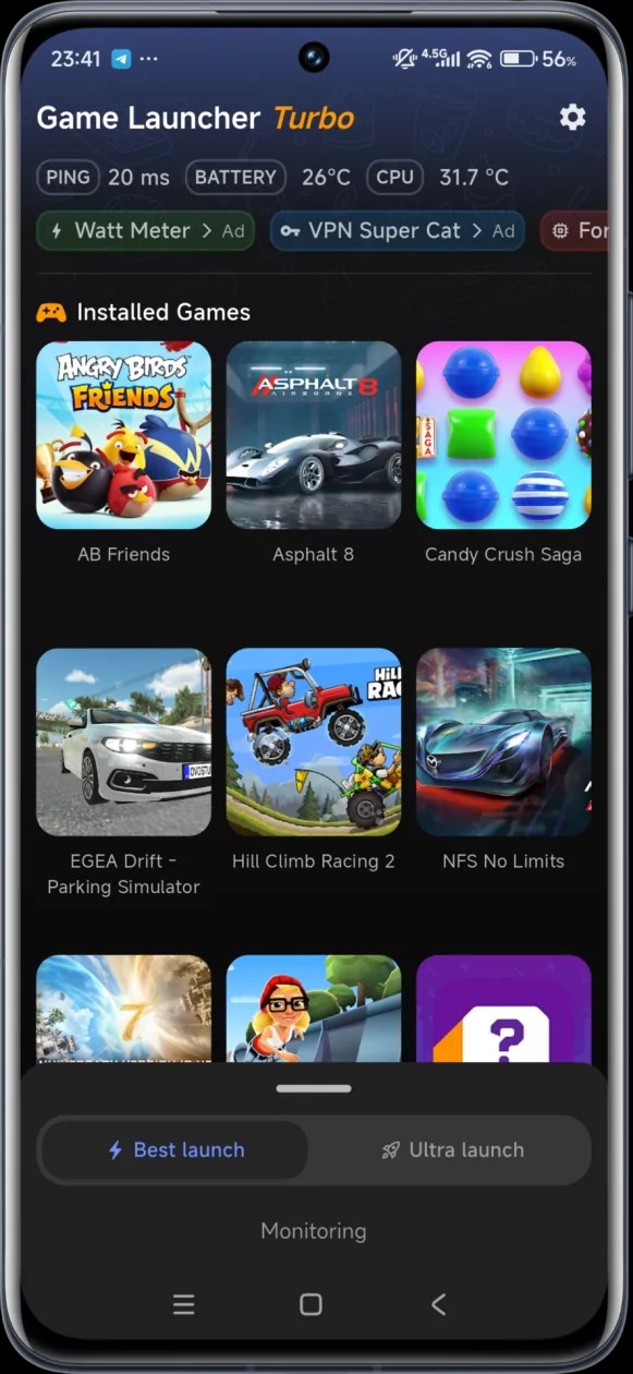 Game Launcher Turbo med FPS, CPU-temperatur, batteristatus och pinganalys